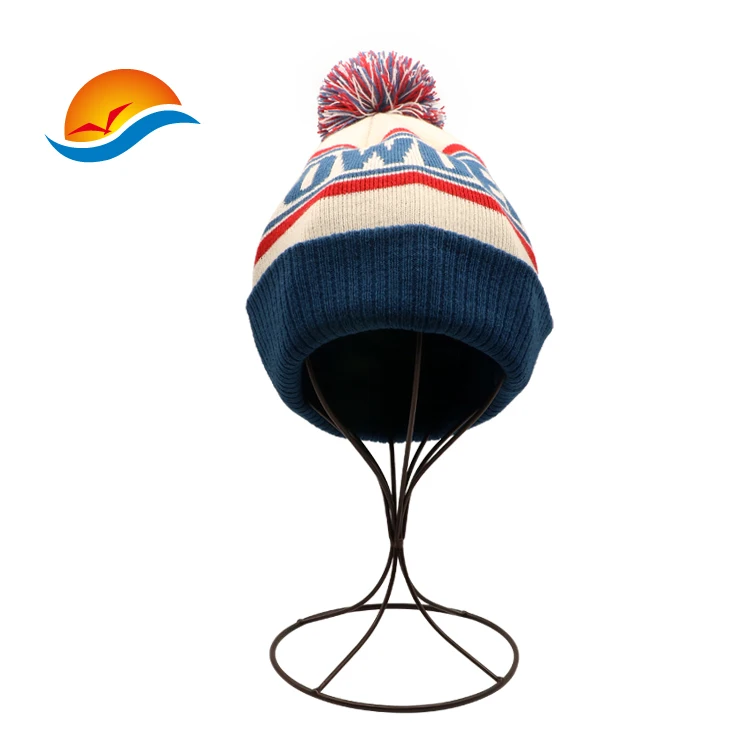 Custom embroidered jacquard Knitted Beanie Hat with pom pom knitted winter hats