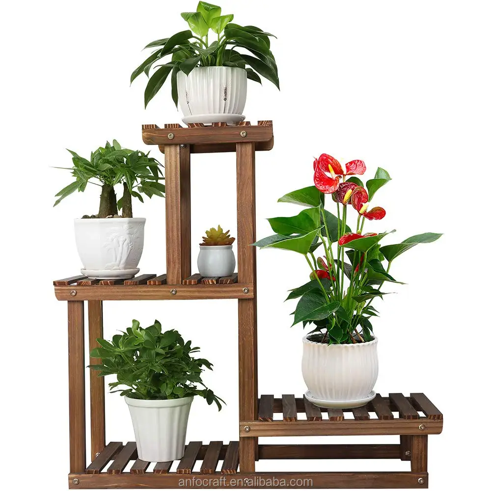 2-Tier Elegant Wood Corner Plant Shelf Rack Hand Carved Indoor Outdoor Flower Pot Planter Stand Hanger