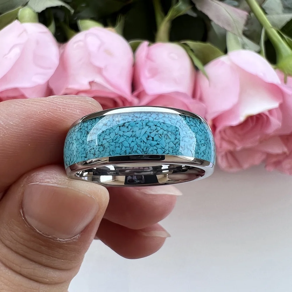 Coolstyle Jewelry Wholesale 8mm Tungsten Ring for Men Women Crushed Turquoise Inlay Fashion Jewelry Engagement Wedding Band