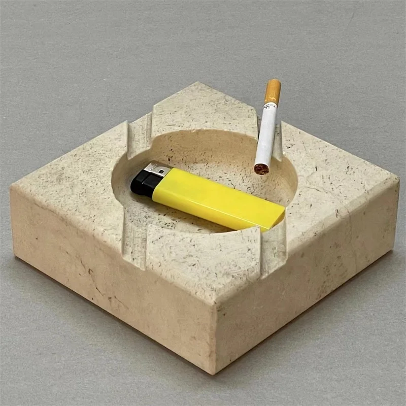 Vintage Beige Travertine Square Marble Stone Cigar Ashtray Honed Surface