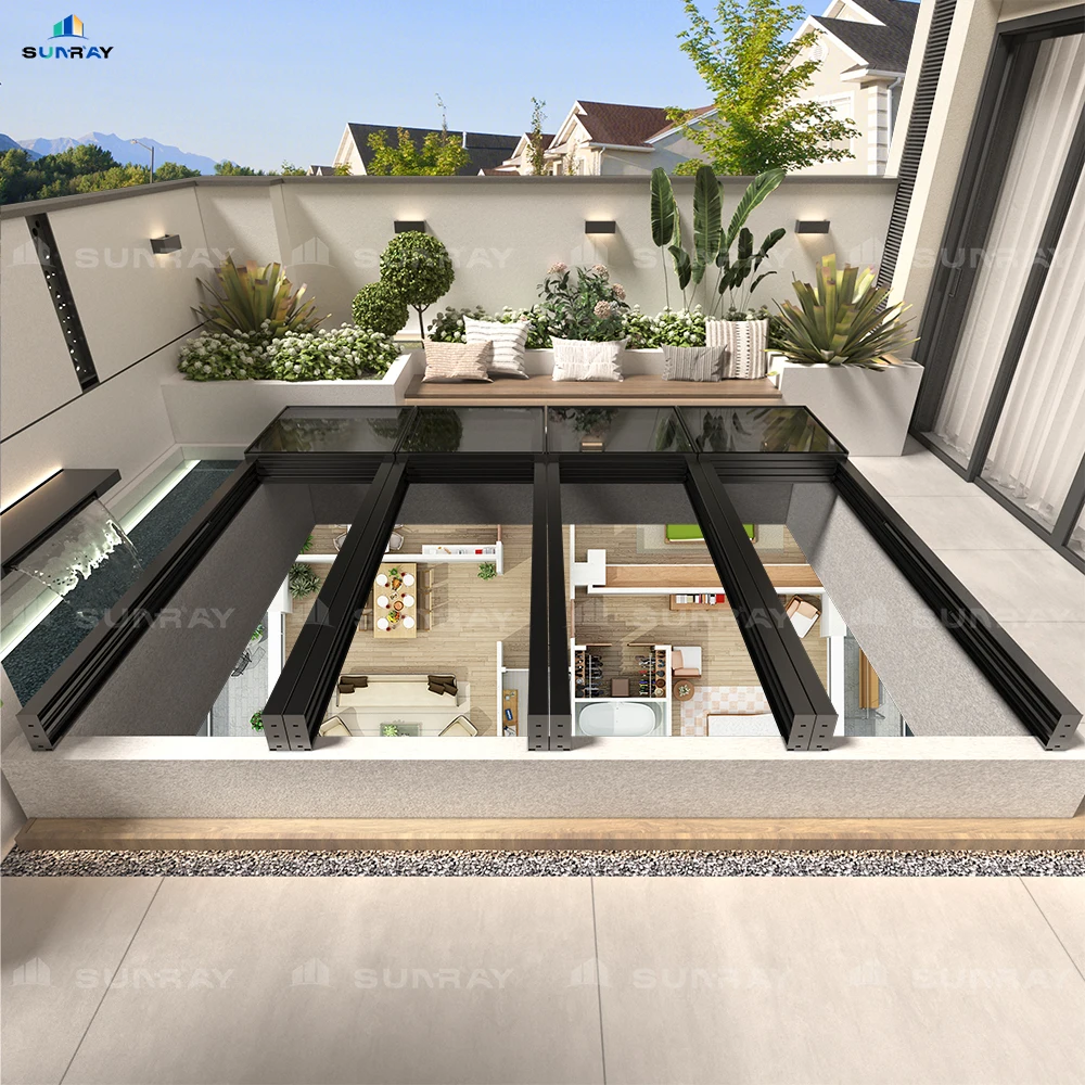 Sunray overlapping skylight intelligent rain sensing electric retractable sliding skylight large area lighting roof system