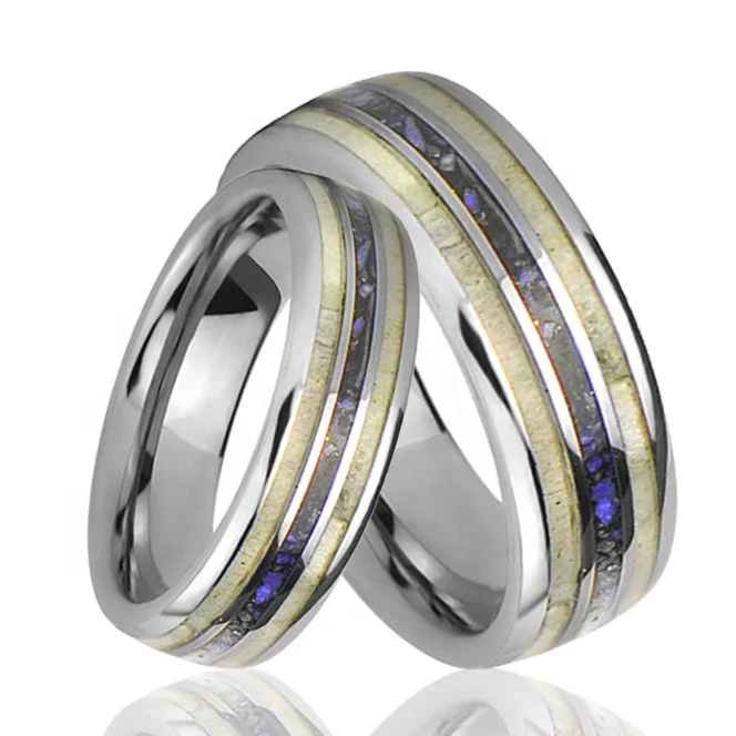 Natural Deer Antler and Lapis Lazuli Ring Tungsten Wedding Rings for Men and Women