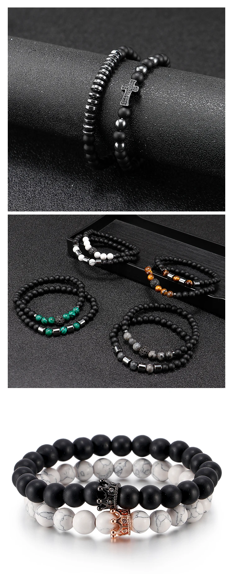 fashion jewelry wholesale  copper crown and natural stone simple couple bracelet leather