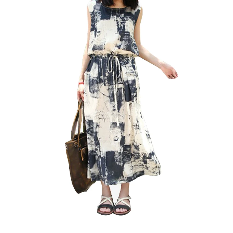 
O neck belted wait band middle length simple linen dress with printed 