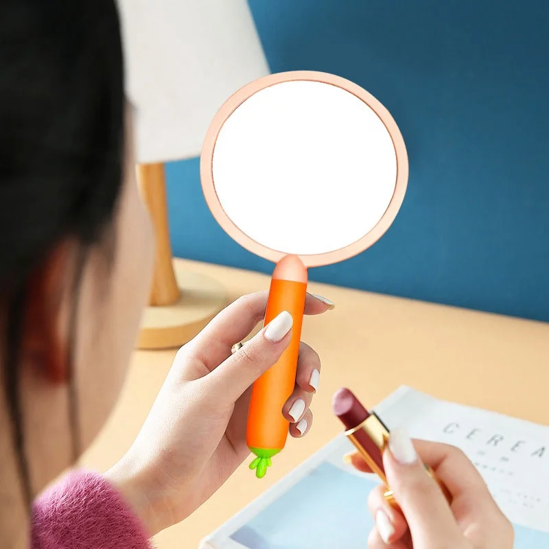 Wholesale New Style 3.2cm x 20cm Carrot Shape espejo de mano Silicone Hand HD Mirror Customized Logo Held Makeup Hand Mirror