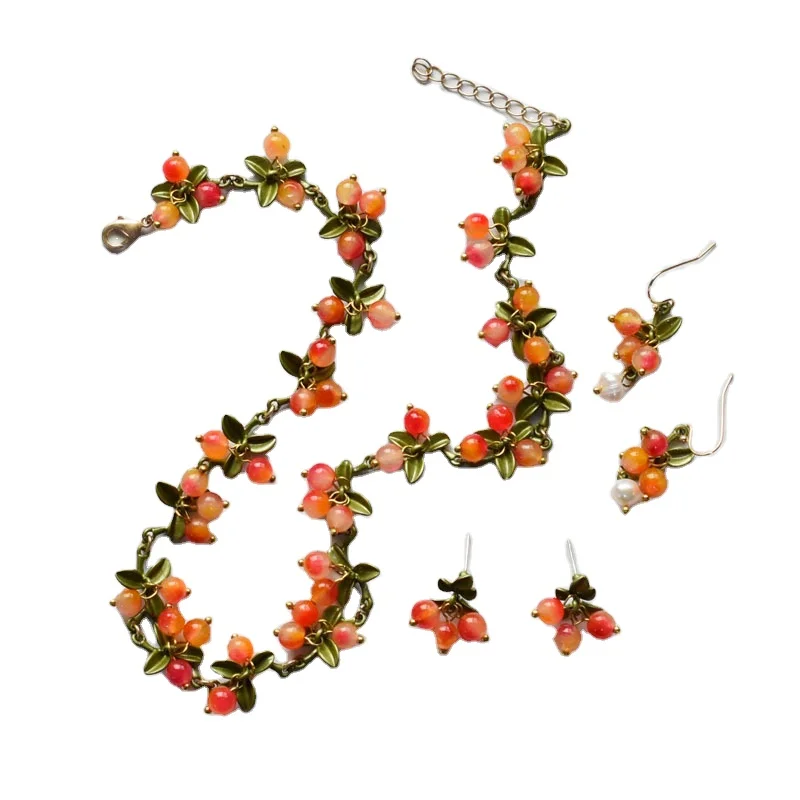 New Spring Plant Bracelets Vintage Stone Beads Berry Blueberry Leaves Bracelet Bangles and Necklace For Women Party Jewelry