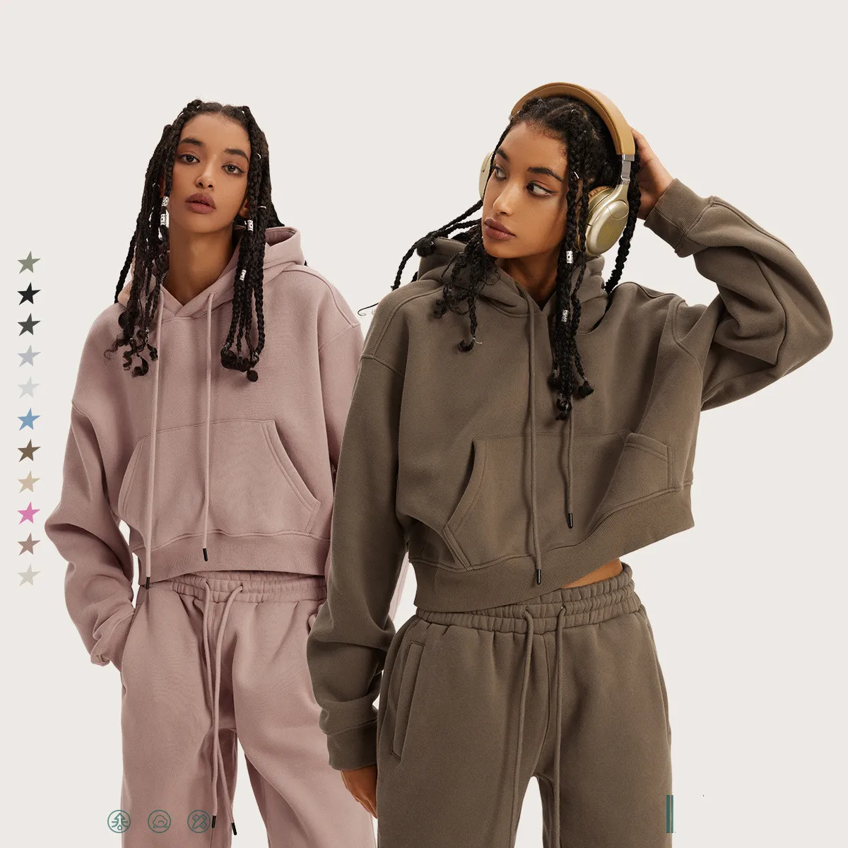 Custom Drop Shoulder Hoodies 345Gsm Cotton Fleece Cropped Top Hoodies For Women