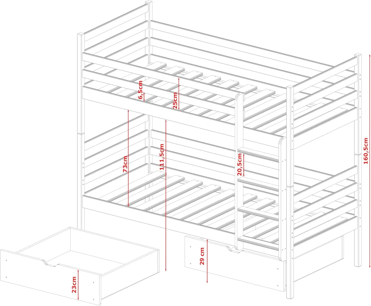 Loft Bed 90 X 200 cm with 2 Drawers, Bunk Bed with Fall Protection and Slatted Base, Transformable Into Two Beds for Children