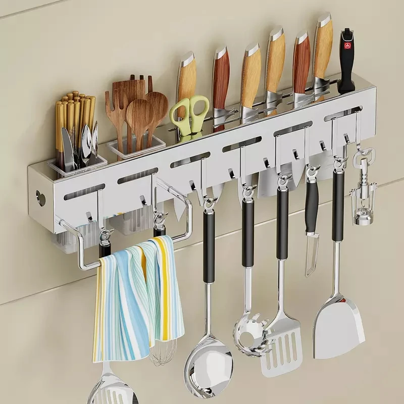Kitchen Wall Mount Hanging Knife Holder Rack Organizer Shelf Utensil Storage Counter Shelves With Hooks