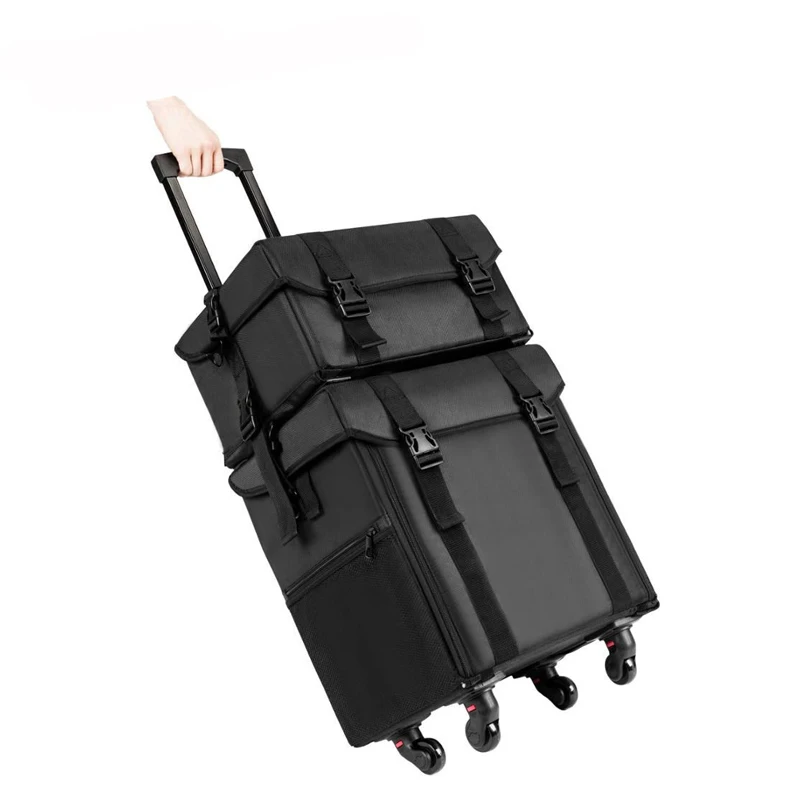 Women Rolling Makeup Case Trolley 2in1 Travel Cosmetic Train Cases on Wheels - Nylon Black Bags for Professional Make Up Artist