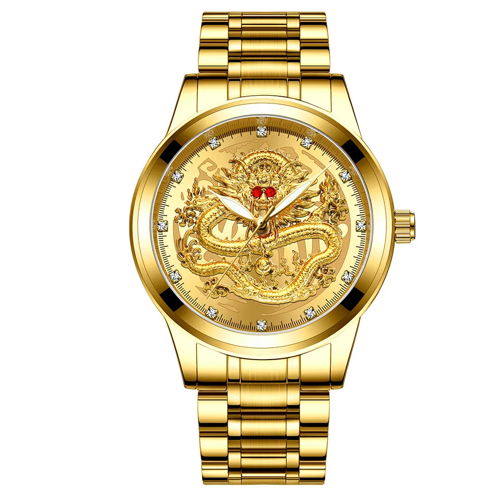 FNGEEN Luxury Sports Quartz Watches Men Women Full Gold Big Dial Dragon Phoenix Waterproof Luminous Calendar Stainless Steel