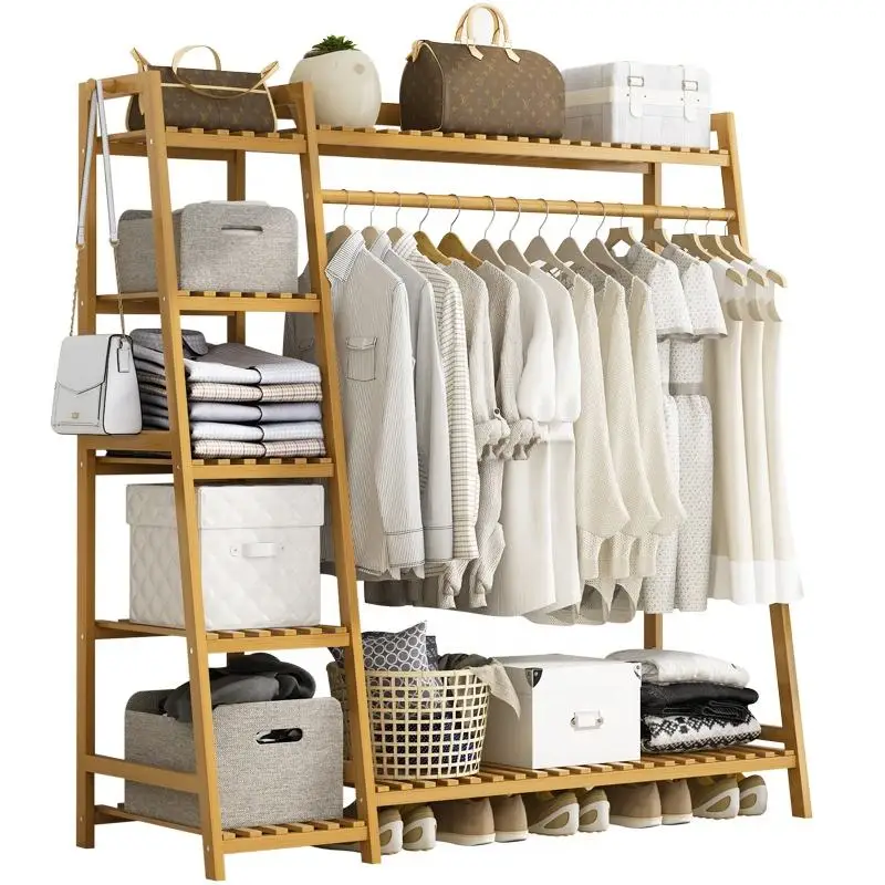 Bamboo multifunction coat racks garment coat hanger clothes organizer hanger hooks stand clothes rack