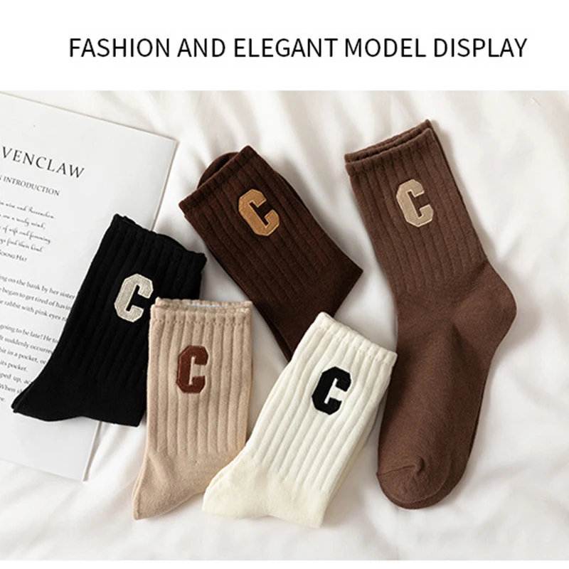 NO MOQ Customized Logo Letter Embroidery Big C Combed Cotton Socks Fashion Barrel Striped Socks Womens