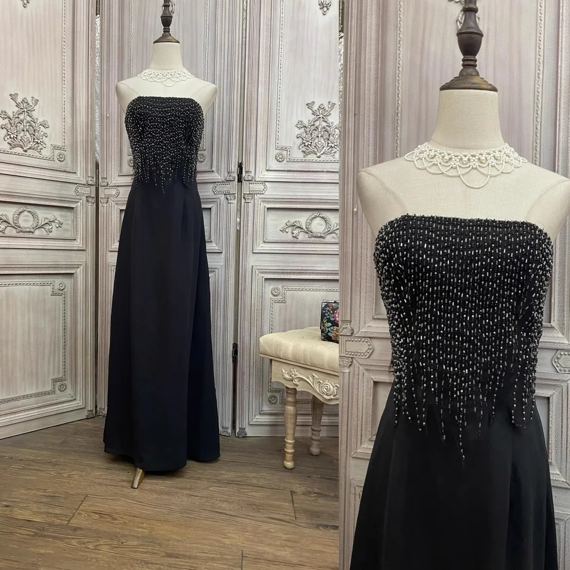 Black Elegant Sequins Embroidered Elegant Customized Long Evening Gowns