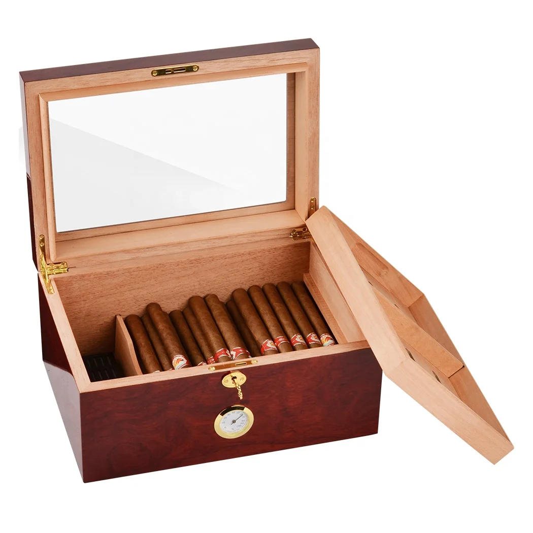 Cigar Humidor Luxury Glass Top Display Custom Packaging Wood Humidor Cigar Case Box With Hygrometer