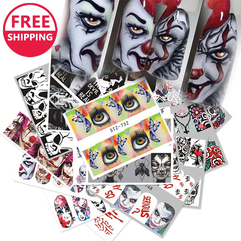 Free Shipping 25 Sheets Halloween Nail Stickers Day of The Dead Water Transfer Nail Decals Skull Ghost Eye Skull Eye Spider