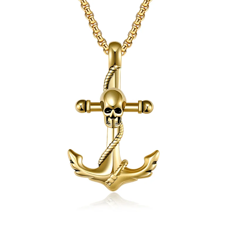 Vintage Stainless Steel Skeleton Anchor Pendant Jewelry Necklace Hip Hop Custom Plated 18k Gold Steel Black Pendant Necklace Men