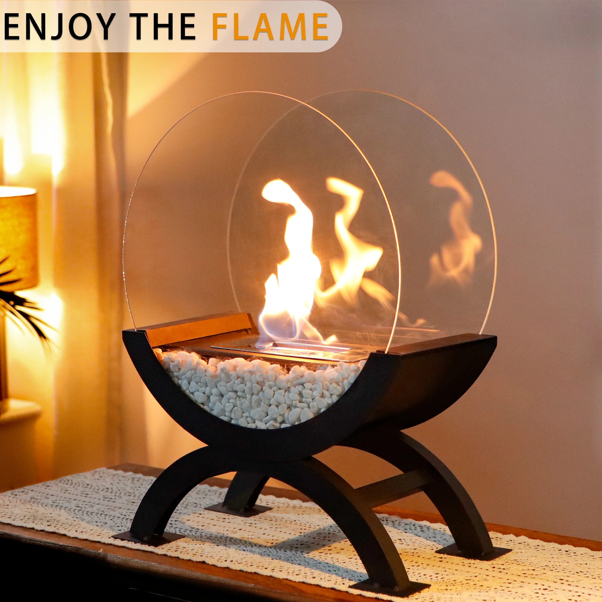 Unique Large Black Ethanol Fireplace Indoor Outdoor Decorative Floor Fireplace With White Stone