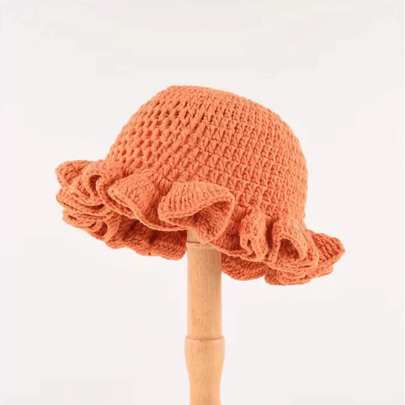 New Fashion Solid Color Handmade Knitted Cap Orange French Crochet Beach Ruffle Hats for Women