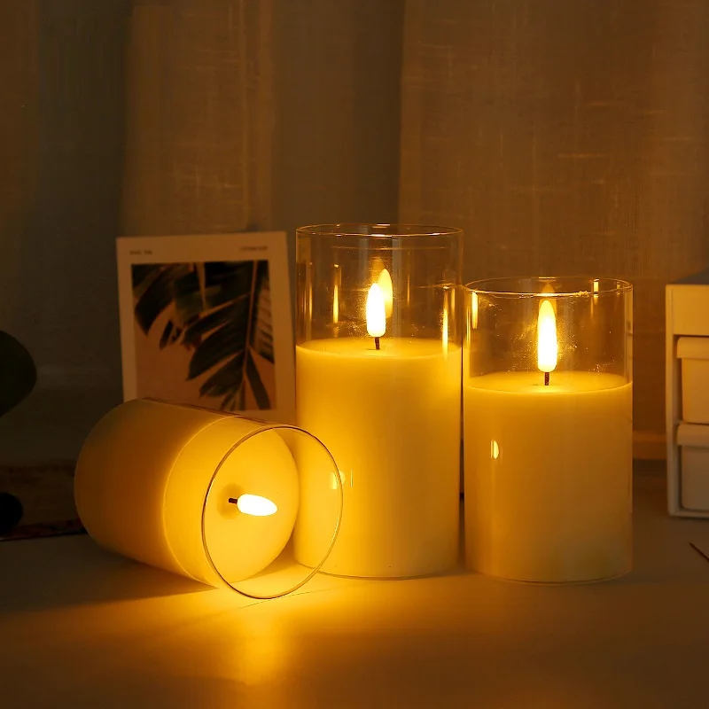 Hot Selling 3D Real Flame Pillar Gold Glass Home Decoration Remote Timer 4 8 Hours Flameless flickering Led Candle