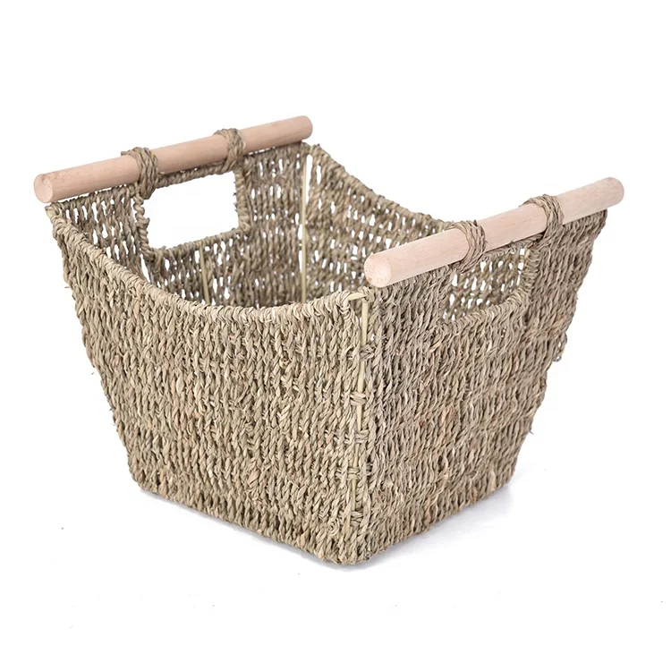 Seaweed Storage Basket With Wooden Handle Straw Folding Crochet Storage Basket