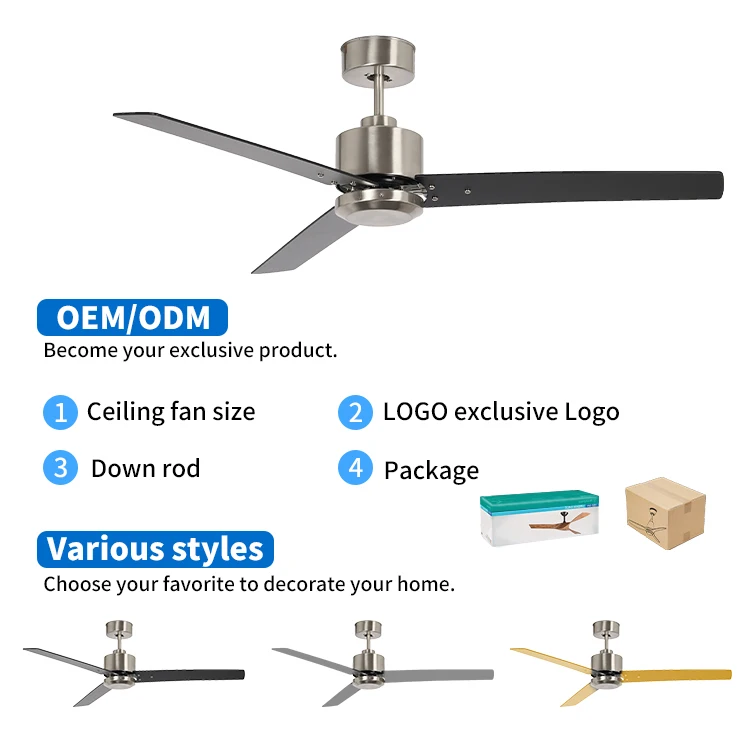 Most Popular 52 Inch Plywood 3 Black Blade High Speed Home  Modern Decorative Stainless Steel Ceiling Fan