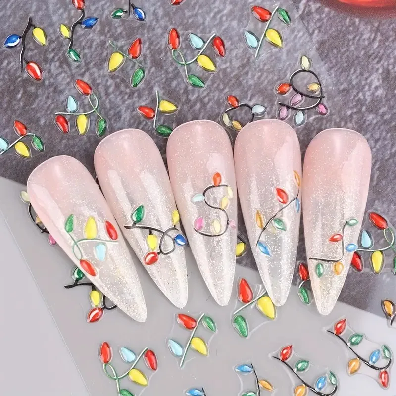 5D Christmas Neon Light Embossed Nail Art Decals Xmas Colorful 3D DIY Plastic Nail Stickers/Decals