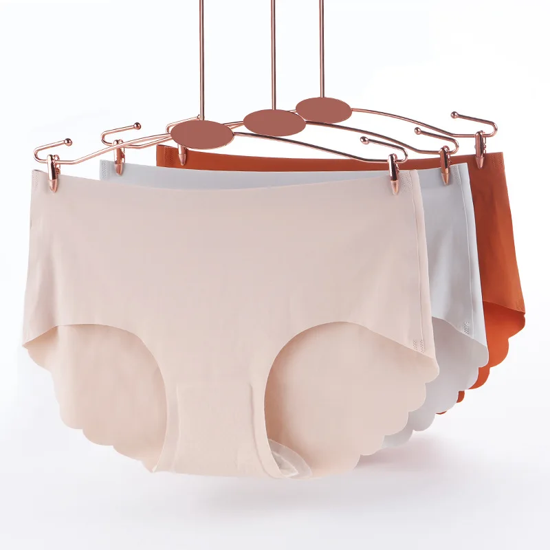 Woman Ice Silk Briefs Solid Color Mid-waist Laser-Cut Underwear Young Girls One Piece Traceless Panties