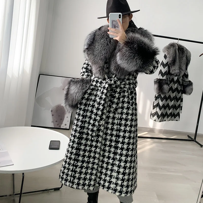 Fox fur coat women long thousand bird check woolen overcoat fashion style