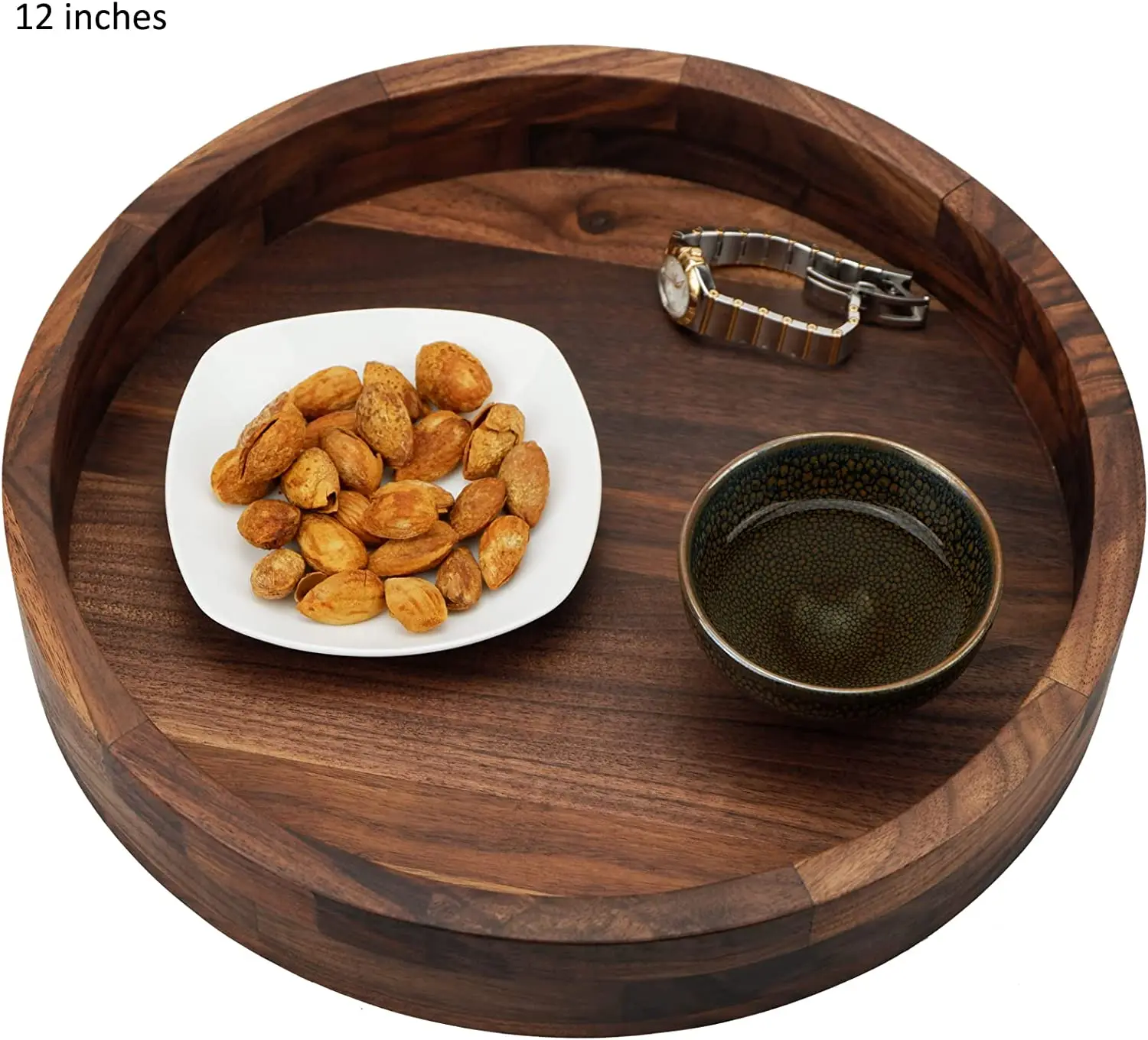 Large Round Black Walnut Wood Ottoman Tray with Handles, Serve Tea, Coffee, Classic Wooden Circular Decorative Serving Tray