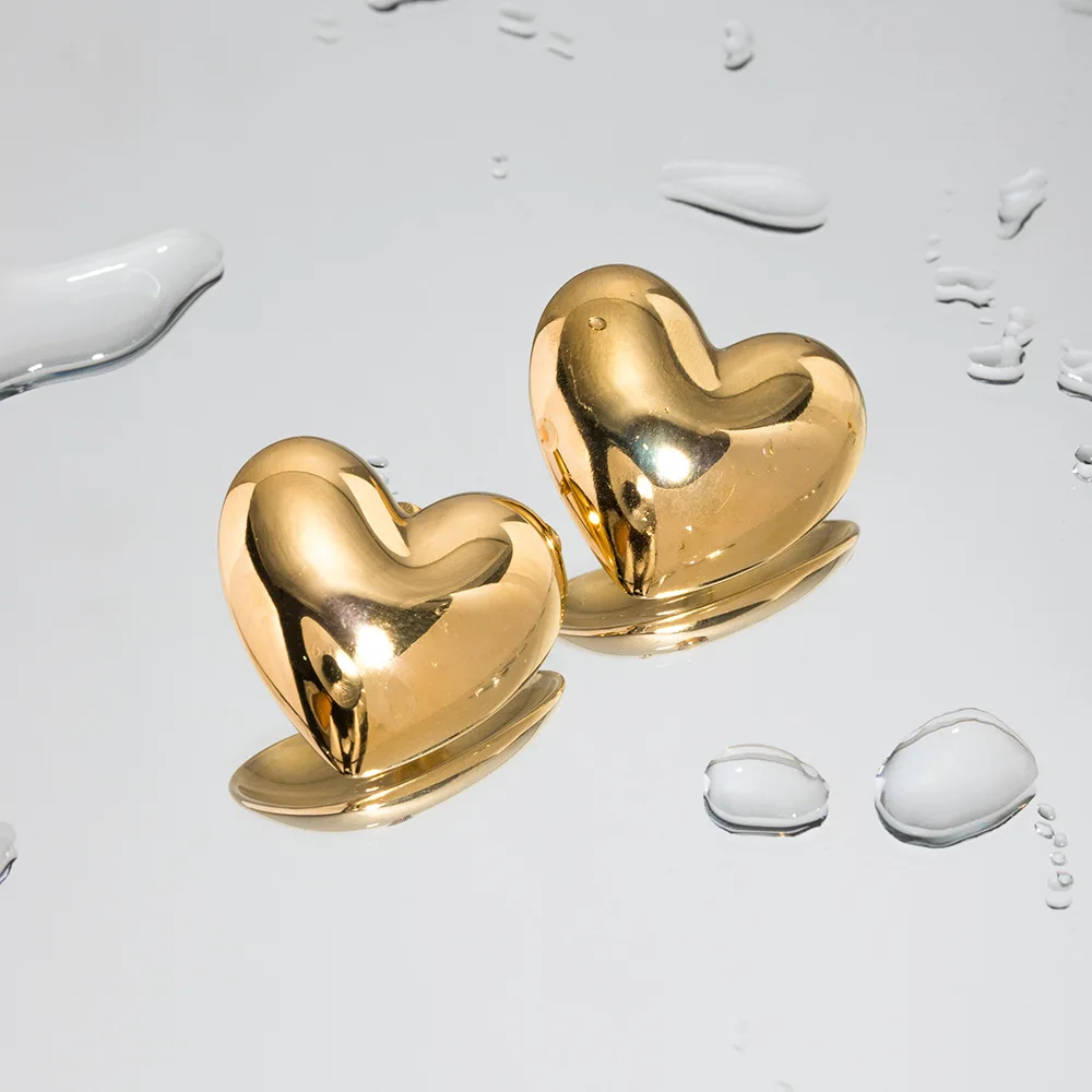 New Stainless Steel 18K Gold Plated Luxury Earring Women Big Huge Smoothly Heart Shape Earrings