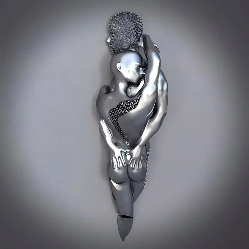 Modern human body wall 3D hug couple painting silver gold effect art love design metal figure statue geometric abstraction