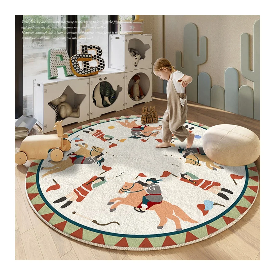 Soft Plush Soldiers and Horses Round Shape 3D Printed Children Carpet Eco-Friendly Nursery Rug