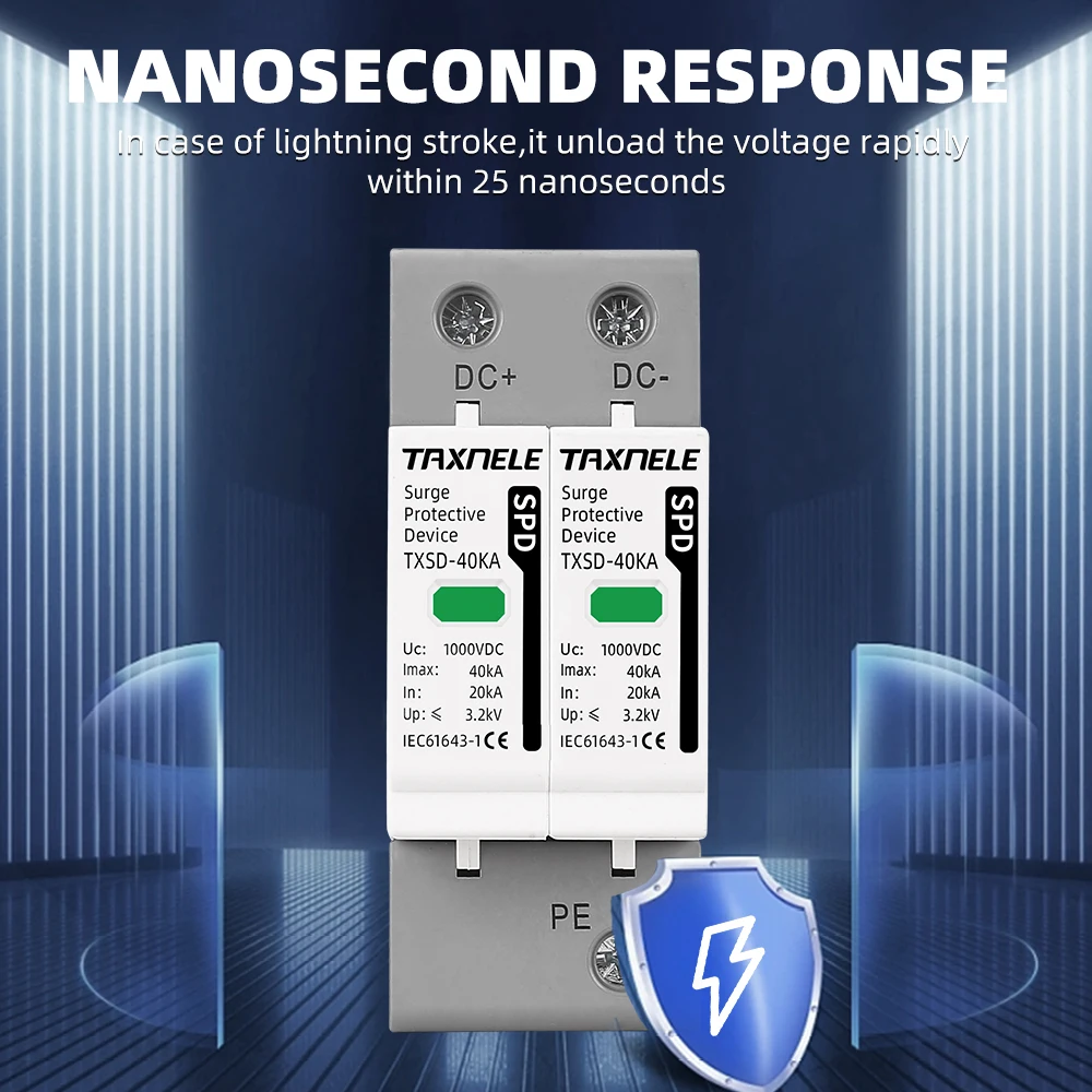 DC SPD Surge Protective Device 600V 800V 1000V 2P 20KA 40KA 60KA Voltage Protector Solar PV Photovoltaic Lightning Arrester