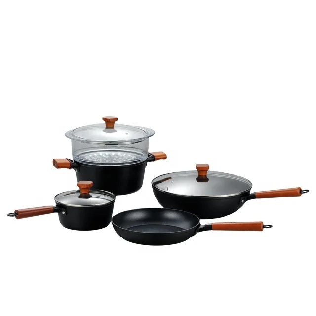 Набор кованой алюминиевой антипригарной посуды с отпаривателем из боросиликатного стекла, индукционные деревянные ручки, кастрюли и сковородки