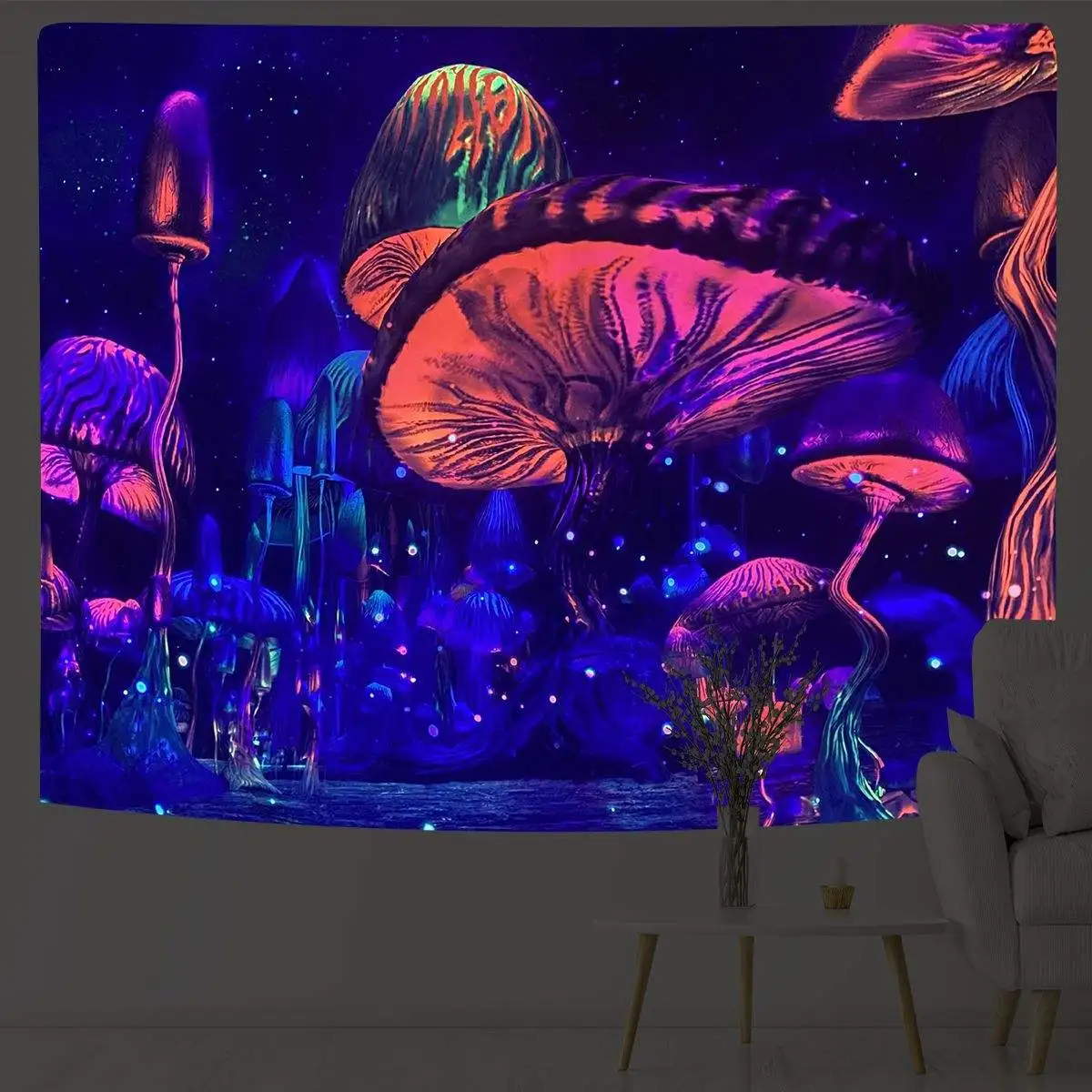 Гобелен Blacklight реактивный Триповый гобелен с горой и планетой психоделический неоновый