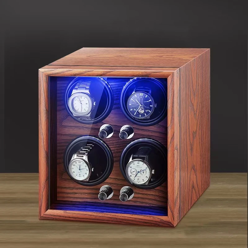 Luxury High quality  molle Automatic watch winder safe wood leather rotations watch winder box  4 slots with LED OPEN-STOP