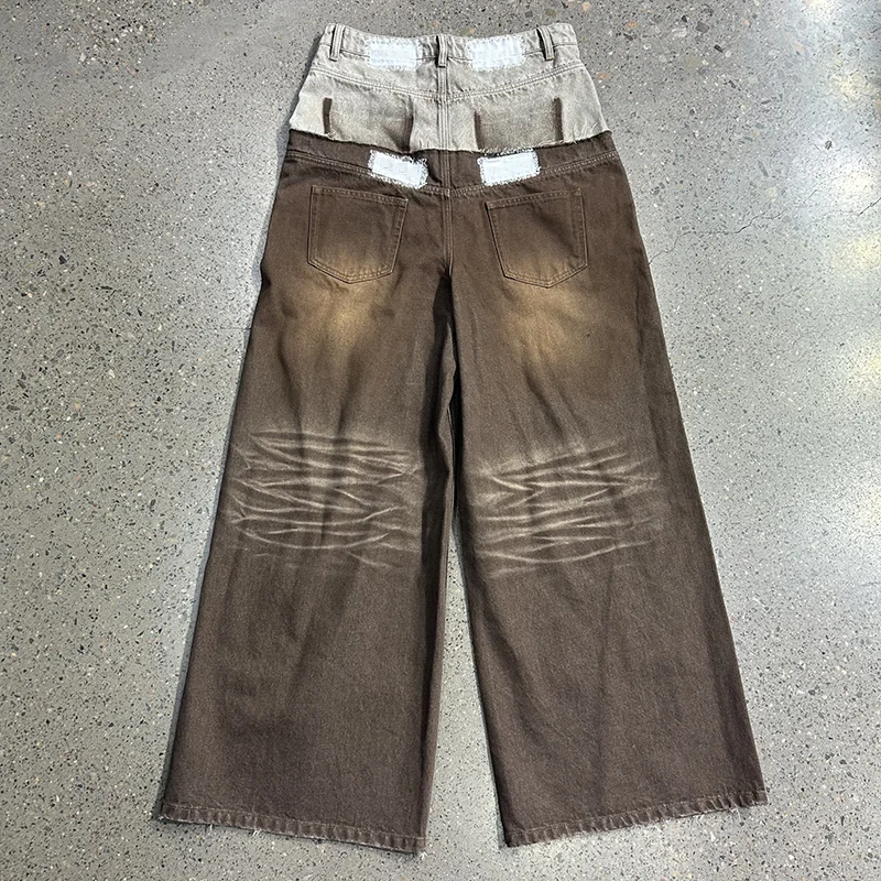 Manufacturer Acid Wash Vintage Wide Leg Jeans Oversized Distressed Baggy Denim Pants Custom Double Waist Flared Jeans for Men