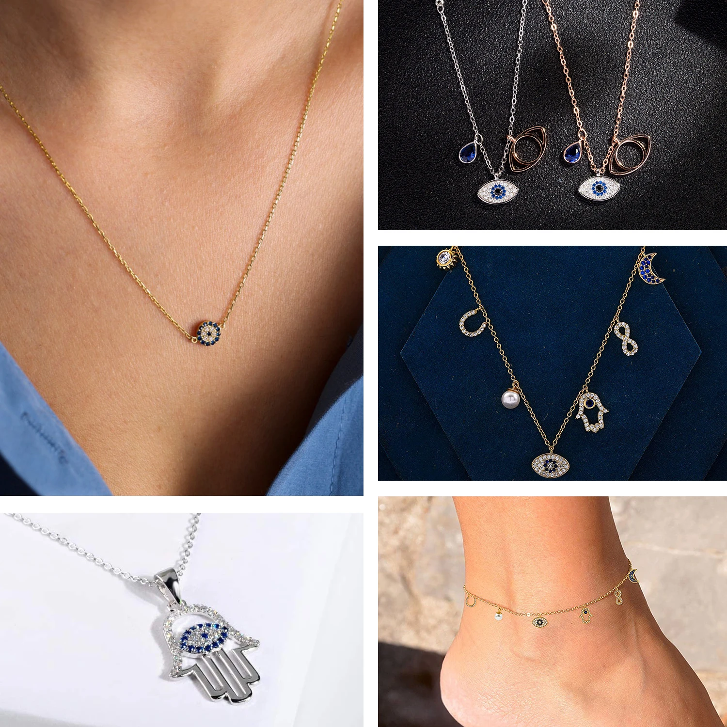 Palm Shape Men Gold Blue Jewelry Turku Medal Woman Small Large Customizable 925 Sterling Silver Evil Eye Pendant Necklace