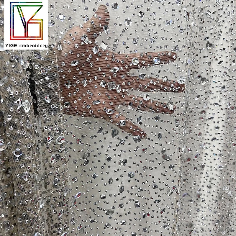 luxury crystal stones beaded fabric for wedding dress high quality swarovski rhinestone lace fabric white crystal lace fabric