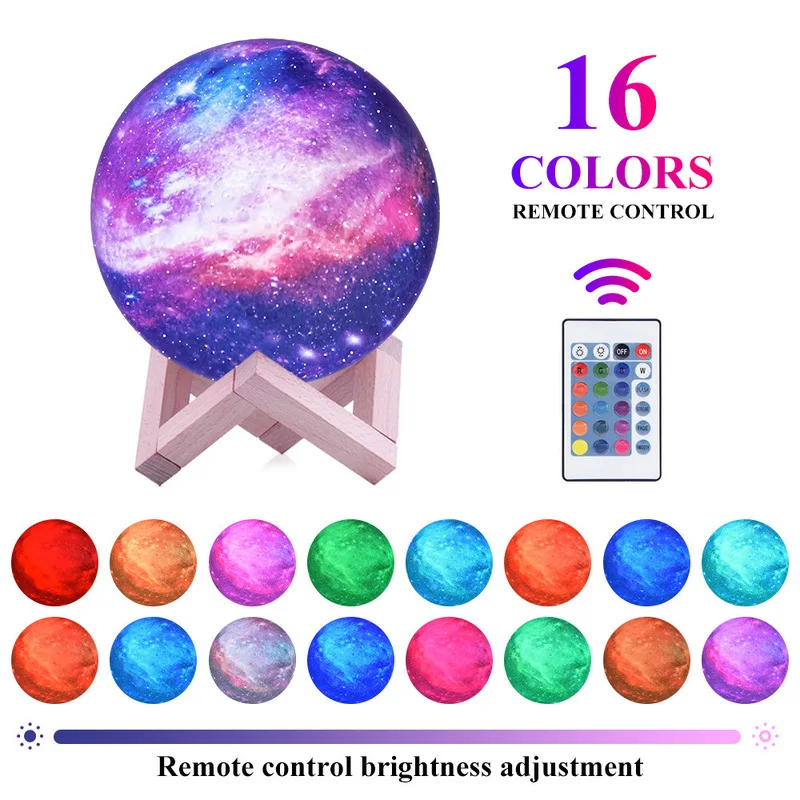 Whole sale 16 Colors 3D Star Moon Lamp with Wood Stand 3D Printing Touch & Remote Moon Lamp Night Light as gift for baby
