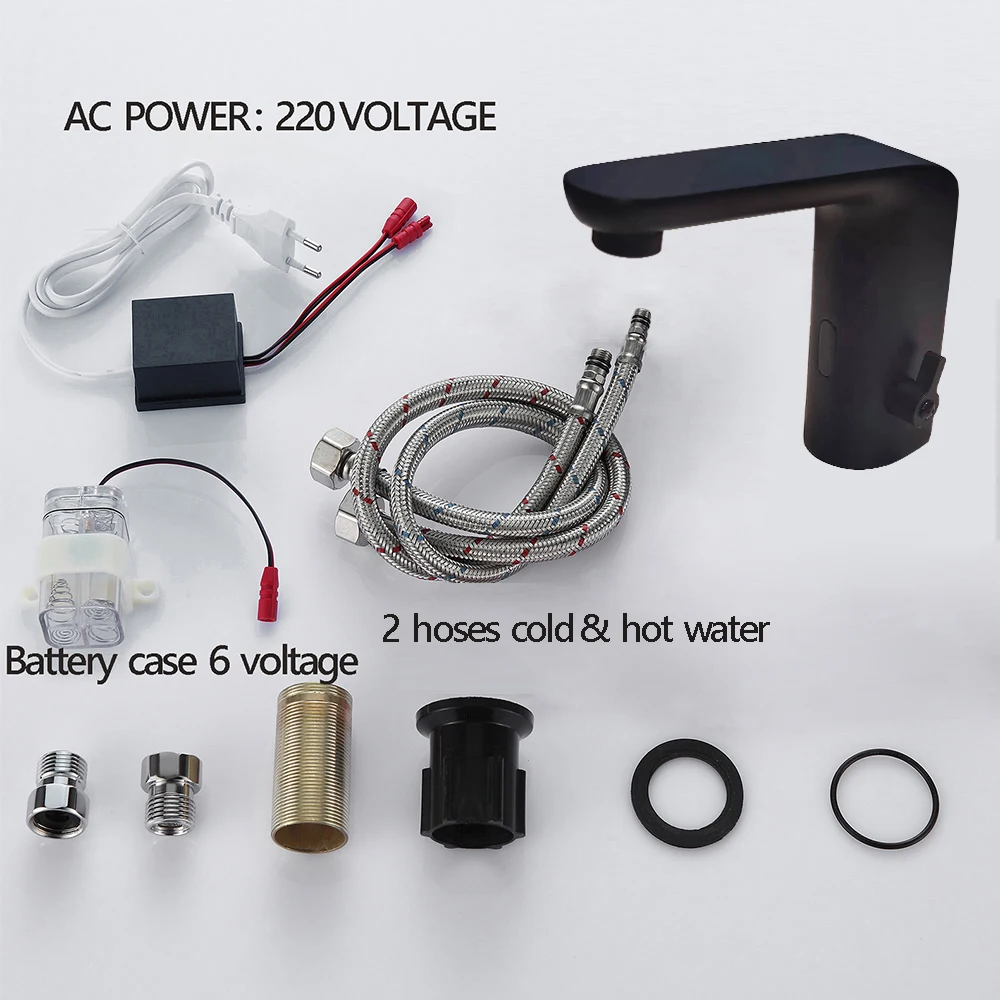Negro black automatic basin faucet smart taps body full brass copper mixer water cold & hot ac 220 voltage and battery power 6