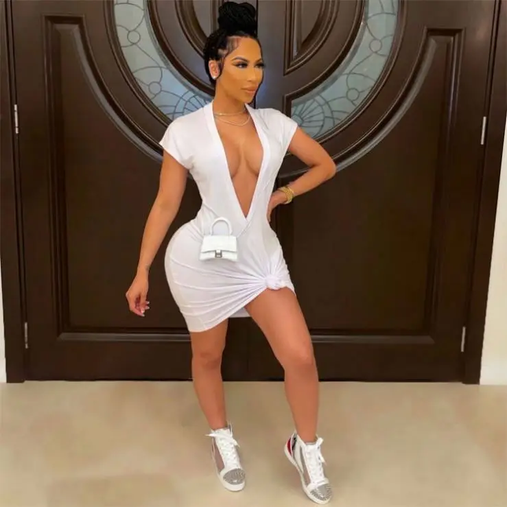 Female Foreign Trade Women Bodycon Sexy Evening Dresses Nightclub Wind Deep Collar Sexy Pure Color Dress Wholesale