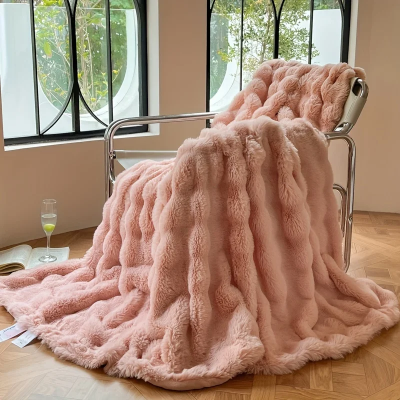Super Soft Faux Rabbit Fur Blanket All Seasons Bubble Blanket for Bedroom Bed & Sofa Knitted Fleece Winter Home Decor