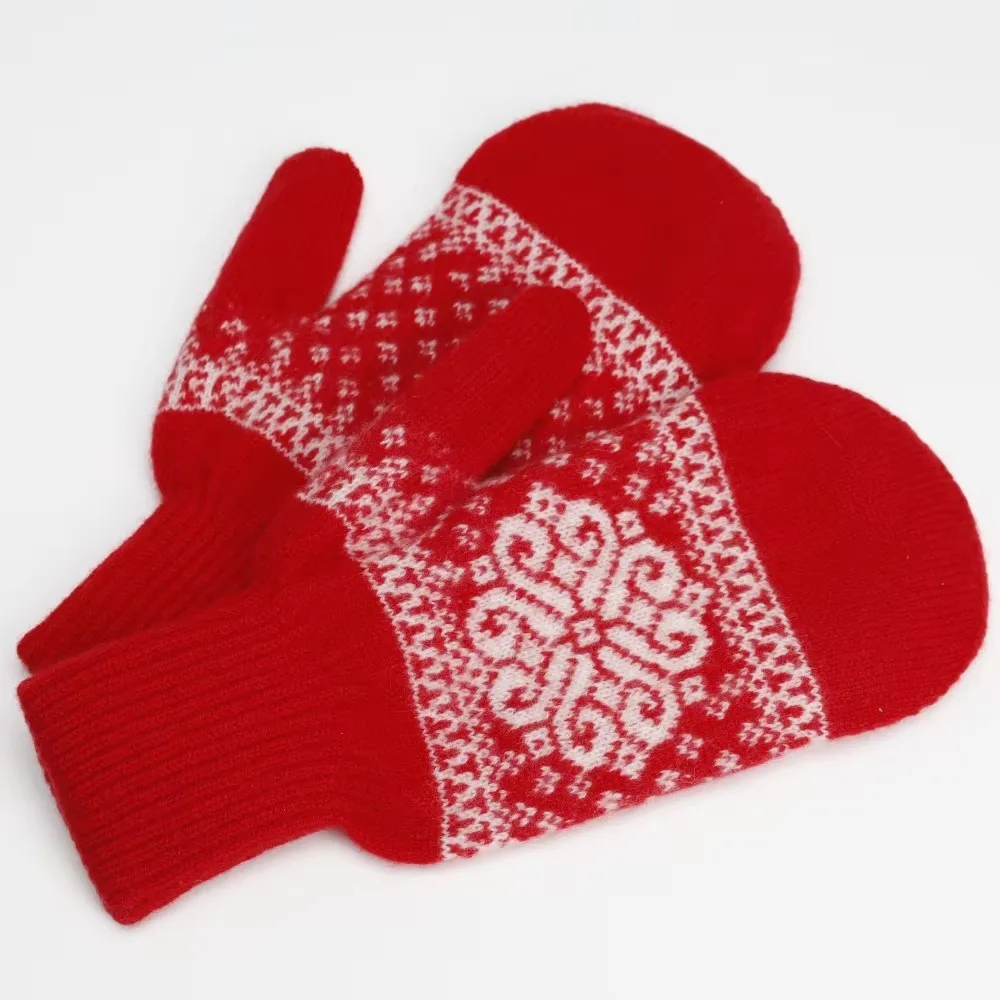 Unisex Winter Red Gloves Mittens with Christmas Snowflake Design Pure Natural Mongolian Cashmere Wool Knitted Style Wholesale