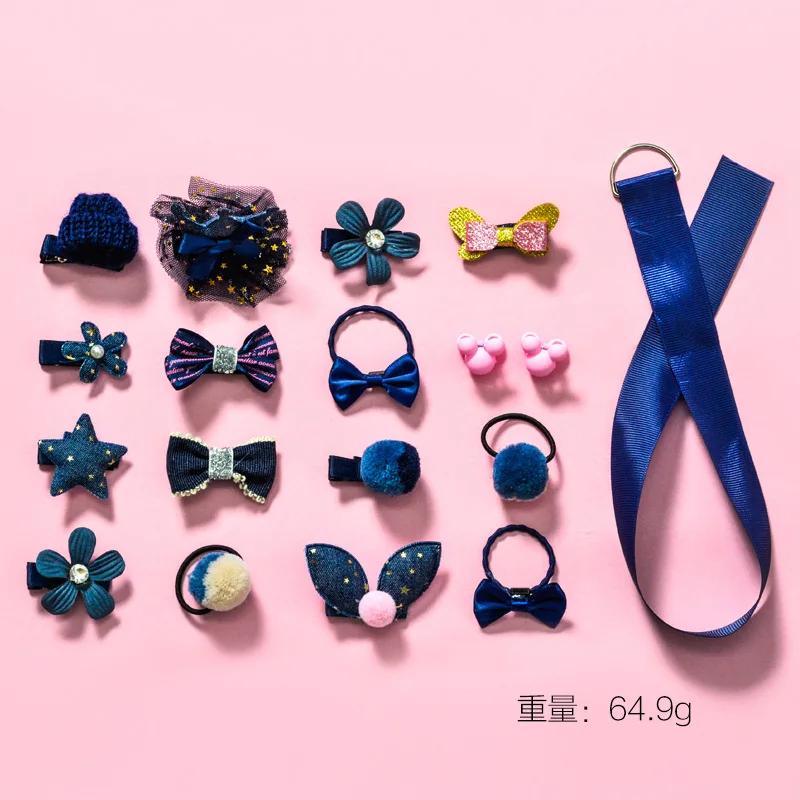 Children hair accessories 18 pieces sets fabric hair clips  bowknot hair rubber bands animal charm cute jewelry for kids