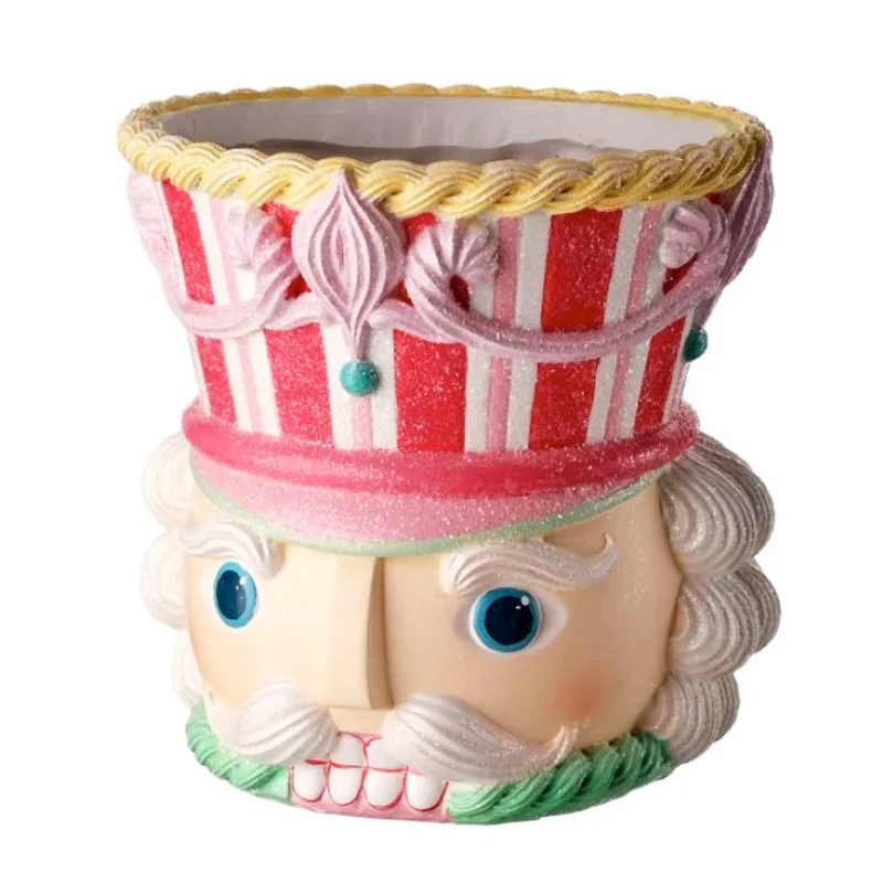 Custom Christmas kitchen luxury candy decoration centerpiece pastel resin container glitter sprinkles pink nutcracker head vase