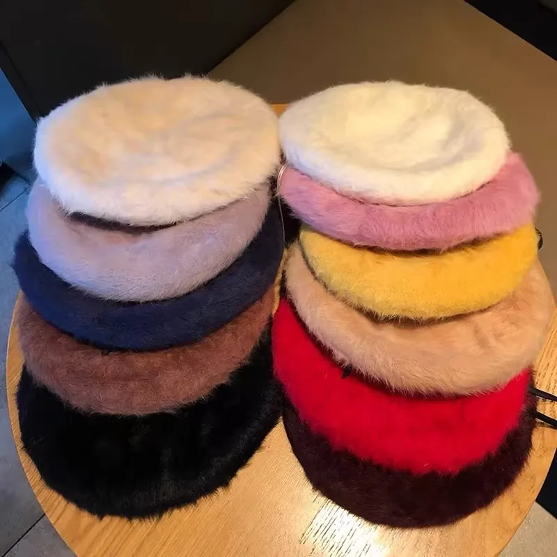 2025 Winter Beret Femme Solid Color Outdoor Wool Boina for Girl Warmth Soft Plush Rabbit Korean Beret