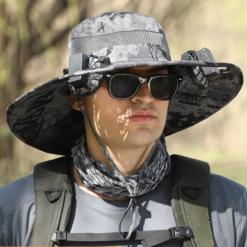 FF2714 Outdoor UV Protection Hiking Camping Bucket Hat Breathable Wide Brim Fishing Hat Solar USB Garden Beach Sun Hats with Fan