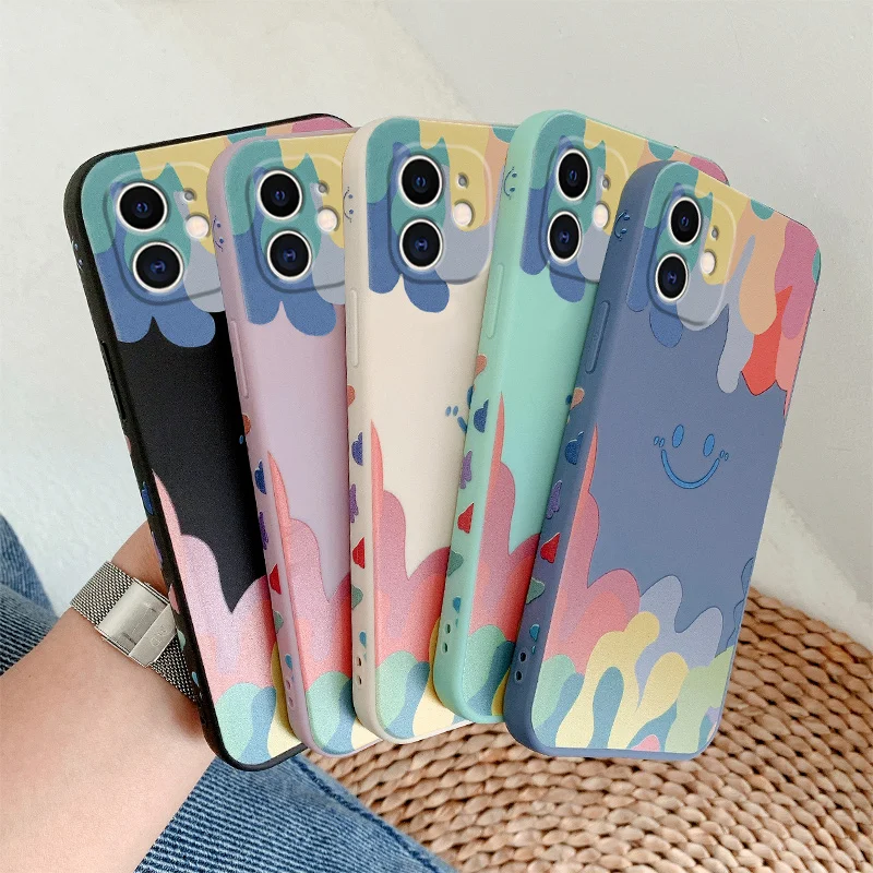 Simple Smile Cube Straight Side case For iphone 11 12 13  Sticker Case Side Frame Trendy Pattern  Phone Case